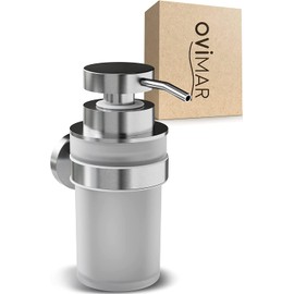 ovimar Seifenspender Kegnaes Silber | mit Wandmontage zum Bohren | aus Edelstahl und Glas | extra große Öffnung leicht wiederbefüllbar | für Bad oder Küche | Desinfektionsmittelspender