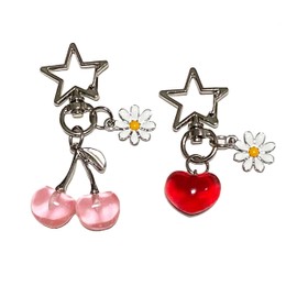 HOLAOCT Cherry Bag Charm Cute Keychain Purse Charms Kawaii Heart Flower Daisy Key Ring Accessories Gifts for Women(Pink,Red)