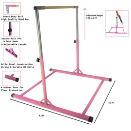 Athletic Bar Kids Gymnastics Training Bar Junior Horizontal Kip Bar 3 to 5 FT Training Jungle Gym Expandable Adjustable Height 3 to 5 FT Tumble Weight Capacity 300 Pounds (Pink)