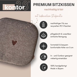 kontor28 - Sustainable seat cushion, chair cushion, handmade in Germany, 37.5 x 37.5 cm, made of upcycling rPET felt, seat cover with padding, suitable for outdoor use and washable, heart nature, set