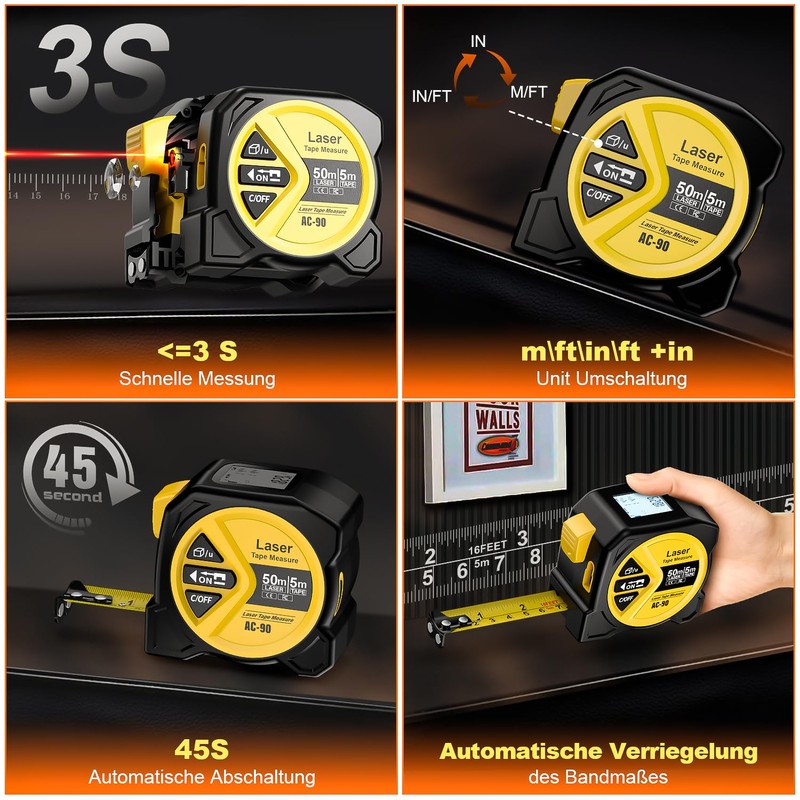 FNITAER Laser Rangefinder 50 m, 2-in-1 with 5 m Steel
