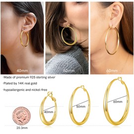 EXGOX Gold Hoop Earrings for Women 925 Sterling Silver Hoop Earrings Hypoallergenic Silver Hoop Earrings for Women Lightweight Chunky Hoop Earrings 14K Real Gold Plated Big Large Hoop Earrings
