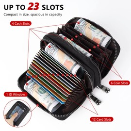 GADIEMKENSD Dual Zipper Card Holder with 6 Coin Money Compartments RFID Blocking Women Men Wallets Travel Business Purse Genuine Leather Organiser for Oyster Card Debit Credit Card Black