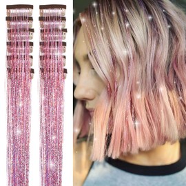 MISSUHUI Hair Tinsel Clip in 12 Pcs Glitter Tinsel Hair Extensions 23.6Inch Clip in Hair Tinsel Sparkling Party Dazzle Fairy Hair Accessories for Girls Women Kids (Pink)