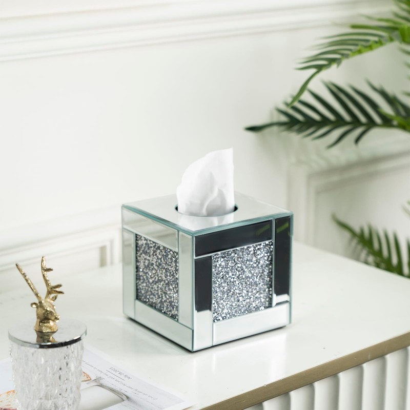 Mirrored Tissue Box Cover Holder, Square Glass Facial Tissue Holder