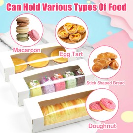 ATSKIM 20 Pack Macaron Boxes for 7 Macarons with Stickers, 8.6" x 2.8" x 2" White Small Dessert Boxes with Window, Baked Goods Packaging Box for Cupcake, Muffin, Donut, Cookie Packaging (White)