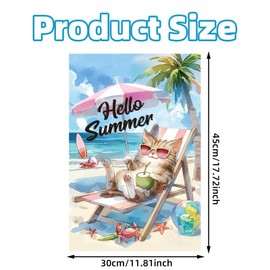Lyreh Hello Summer Garden Flag, 18x12 Inch Double-Sided Linen Washable Cat Summer Yard Flag for Outdoor Coastal Burlap Yard Party Outside Decoration