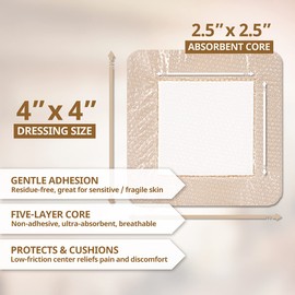EVERLIT Care Silicone Foam Dressing with Adhesive Border | Highly Absorbent Hypoallergenic Bandages for Chronic Wounds, Bed Sores, Pressure Ulcers | Gentle & Secure Adhesion (4" x 4" | 10 Pack)