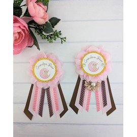 Baby Girl Teddy Bear Shower Grandma Bear And Grandpa Bear Pin Set Gift, Girl Baby Sprinkle Grandma And Grandpa Button Keepsake, Pink And Brown Teddy Baby Shower Ribbon Set For Grandparents