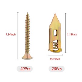 40Pcs Self Drilling Drywall Anchors and Screws Kit - Zinc Plated Steel Wall Anchors for Drywall Heavy Duty, No Drill Or Holes in Wall, for TV, Shelf Straps, Cabinets (20PCS Screws and 20PCS Anchors)