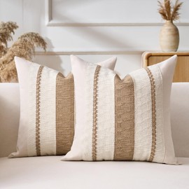 Aisybaklyn Cushion Cover, 40 x 40 cm, Set of 2, Decorative Cushion Covers, Boho Decorative Cotton Sofa Cushion, Brown Striped Woven Textured Modern Farmhouse Decorative Cushion Covers for Sofa,