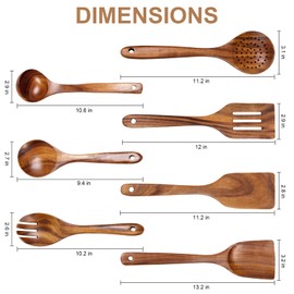 Wooden Kitchen Utensil Set, Wooden Spoons for Cooking, Wooden Utensil Set with Hanging Hooks, Comfort Grip Wooden Cooking Utensils, Wooden Spoons of 7pcs, Nonstick Wooden Utensil Set