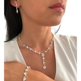 ONDEGO¬Æ 3er Set Y SILBER Strass Schmuck Kette Schmuckset Armband Hochzeit Collier Halskette Brautschmuck Kommunion Ball Abiball