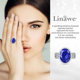 Linawe Silver Sapphire Blue Rings for Women, Birthstone Chunky Adjustable Rings, Vintage Statement Oval Rings, Imitation Diamond Fake Faux Crystal Gemstone Cocktail Rings Costume