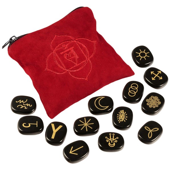 mookaitedecor 13 PCS Obsidian Witches Runes Engraved Gypsy Symbol, Healing Crystal Stone with Root Chakra Bag for Reiki Meditation Divination