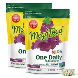 MegaFood One Daily Kids Vitamins Multivitamin Soft Chews - Vitamin B, C, D & E - Age 4+, Vegetarian, Made Without 9 Food Allergens - Grape Flavor – 30 Chews (2 Pack)