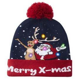 AIDEAONE Funny Led Light Knitted Christmas Hat Reindeer Santa Claus Pattern Holiday Xmas Beanie