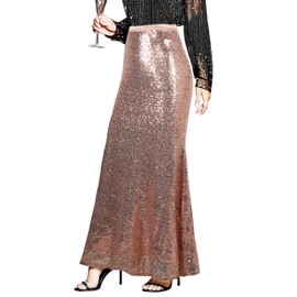 PrettyGuide Women's Maxi Sequin Skirt High Waist Mermaid Formal Party Skirts M Rose Gold