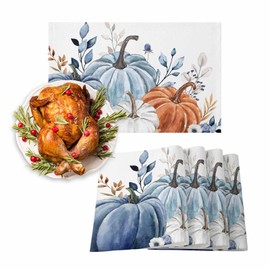Fall Thanksgiving Placemats Watercolor Pumpkin Place Mats for Dining Room Dinner Table Autumn Blue Leaves Washable Table Mats Kitchen Decorations Set of 6