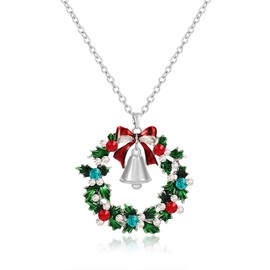 KONPJE Christmas Wreath Pendant Necklace for Women Gold Silver Christmas Bell Chain Necklace Merry Xmas Bow Jingle Bell Necklace Colorful Rhinestone Crystal Necklace Holiday Festival Jewelry (silver)