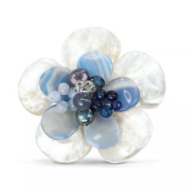 AeraVida Spring Floral Freshwater Pearl & Blue Agate Stone Flower Crystals Brooch or Pin