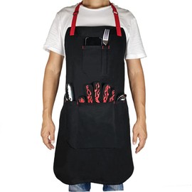 DCCPAA 100% Cotton Professional Grade Chef Apron for Cooking,Kitchen,BBQ, Grill and Hobby and Work,with Tool Pockets, Adjustable Straps,for Men and Women gifts(Black2)