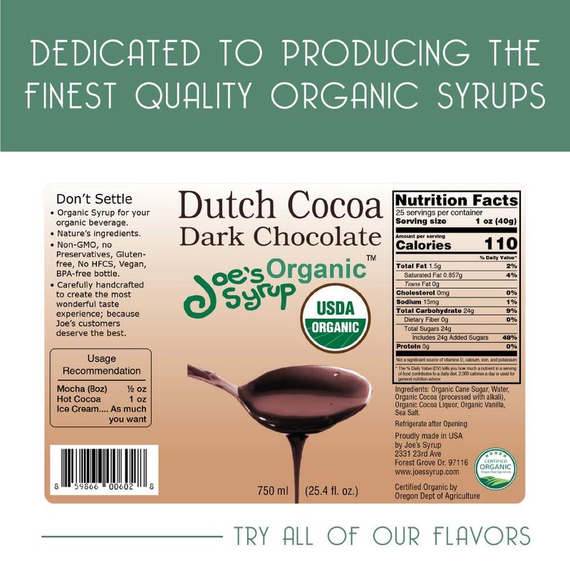 Joe’s Syrup Organic Flavored Syrup, Organic Dutch Cocoa Dark Chocolate