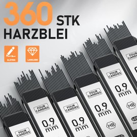 Four Candies Mechanical Pencil Set, 3 Pieces Metal Lead Pencils 0.9 mm, Mechanical Pencils with 360 Pieces HB Leads, 3 Erasers and Case, Mechanical Pencils for Writing and Drawing for Engineers