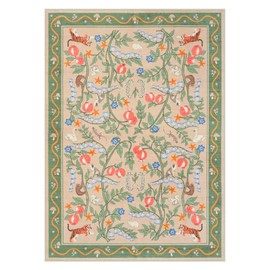 Washable Area Rugs 5x7, Soft Green Rug for Living Room Bedroom Nursery Rug Floral Animal Print Kids Playroom Carpet Ultra-Thin Boho Throw Large Carpet for Dining Room Classroom