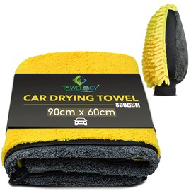 XL Microfibre Towels for Cars Drying YELLOW/GREY 90cmx60cm Extra Large Size Absorbent Fast Dry Auto Motorcycles Exterior Cleaning Towels 800gsm (Yellow/Grey (1 x Drying Towel + 1 x Wash Mitt), 2)