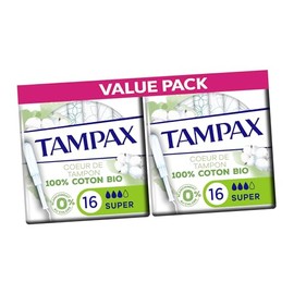 Tampax Cotton Protect Super Organic Tampons 32 Tampons (2 Packs of 16) – Organic Cotton Core with MotionFit Applicator and LeakGuard Braid for Medium to Heavy Flow