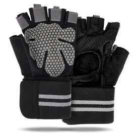 Guantes para Gym con Protección Muñequeras, Guantes Deportivos Crossfit para Hombre/Mujer sin Dedos con Soporte para la Muñeca, Antideslizantes Guantes de Pesas/Gimnasio/Entrenamiento(Negro-L)