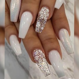 Christmas Press on Nails Medium Coffin Winter Fake Nails White Full Cover Full Cover Snowflake False Nails with Designs Glitter Glossy Glue on Nails Acrylic Manicure Artificial Nails for Women Girls