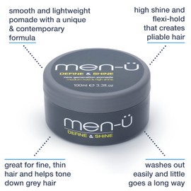 men-u pomade for men DEFINE & SHINE 100ml – Hair pomade w/ medium hold and high shine. Helps tone down grey hair & washes out easily - Mens hair products by men-u, Single walled 100ml styling puck.