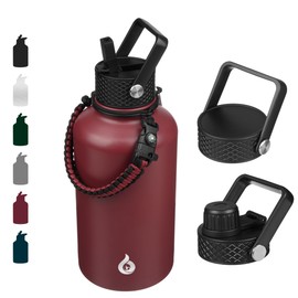 BJPKPK Half Gallon Insulated Water Bottles with Straw Lid, 64oz Large Water Jug, Stainless Steel Bottles with 3 Lids and Paracord Handle, Thermos for Hot & Cold Liquid, Brick Red