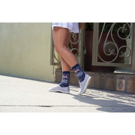 K. Bell Womens Fun Cat Lovers Crew - 1 Pairs Cool & Cute Wordplay Novelty Gifts Casual Sock, Check Meowt (Denim Heather), 4-10 US