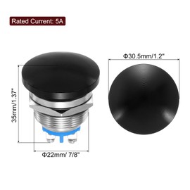 sourcing map 1PCS 5A 250V AC 22mm 7/8" Momentary Mushroom Head Push Button Switch Black 1NO Waterproof IP65 SPST Installing Domed Round 2 Screw Foot Switch