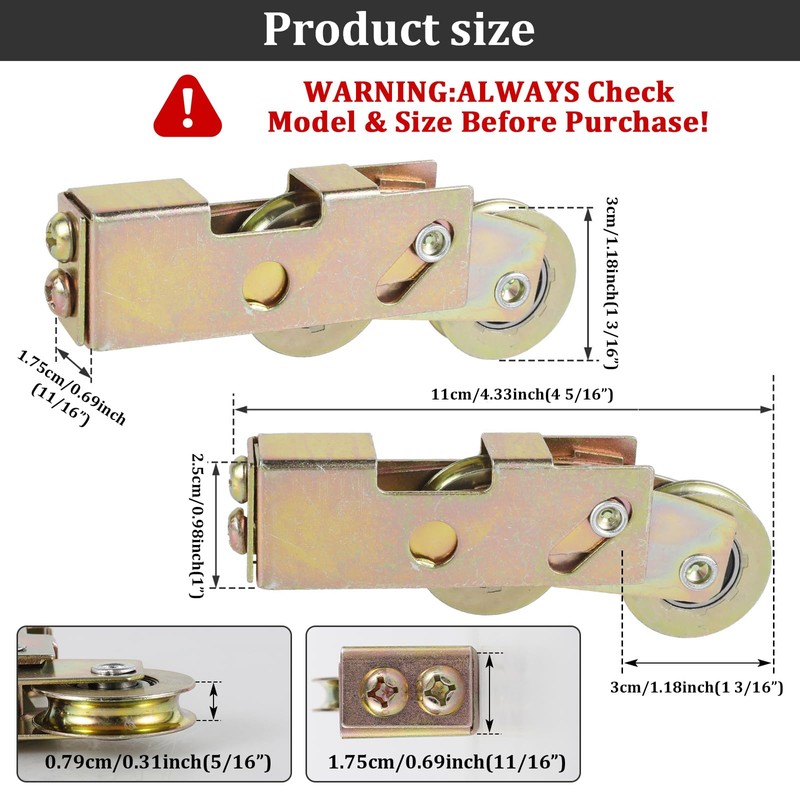 4Pack Sliding Door Rollers Replacement Kit, 1-1/4" Tandem Roller Assembly