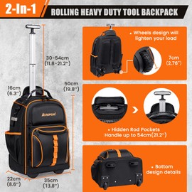 2-In-1 Rolling Tool Backpack Heavy Duty, Rolling Tool Bag with Wheels, 63-Pocket Tool Bags for Men, Waterproof Rolling Tool Backpack for Hvac Electrician Construction Mechanic