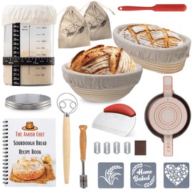 Complete Sourdough Bread Starter Kit, Glass Sourdough Starter Jar Kit & Tons of Sourdough Bread Baking Supplies - Sourdough Starter Kit Includes Sourdough Jar, Banneton Basket (2x Baskets and Jar)