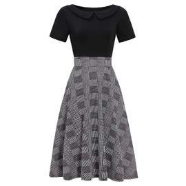 Work Dresses for Women Office Professional Elegant Vintage Business Casual Party Peter Pan Collar A-Line Dress with Pockets 978 Plaid Black XXL