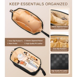 Beaulyn Makeup Bag, Large Capacity Travel Cosmetic Bag, Double Layer Makeup Organizer Bag, PU Leather Checkered Portable Roomy Bag with Divide and Handle, Waterproof Toiletry Bag for Women and Girls