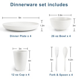 BUSOKIP 20 Pieces Wheat Straw Dinnerware Sets, Unbreakable Plates and Bowls Sets, Alternatives Reusable Plastic Dinnerware Sets, Outdoor Camping Dishes, Microwave Safe Dishes Set for 4 (White)