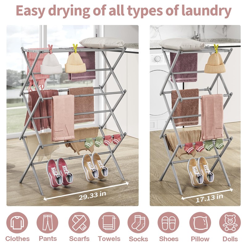 APEXCHASER Clothes Drying Rack, 3-Tier Laundry Drying Rack for Clothes,