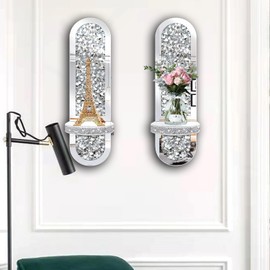 ZOLAPI Set of 2 Crystal Crush Diamond Candle Sconces, Gorgeous Silver Mirrored Wall Sconce,Oval Candle Holder Glass Wall Decorations for Home Décor, Living Room, Dining Room.