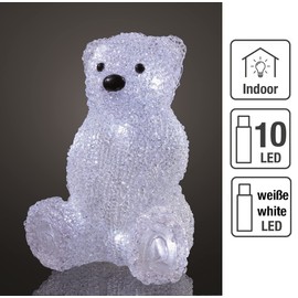 Hellum LED Acryl-Bär transparent- Weihnachtsdekoration für Innen, 10 LED, Batteriebetrieben (3xAA), 19 cm hoch, Eisbär Leuchtend weiß, Winterdekoration Indoor 575101