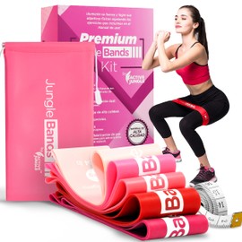 Active Jungle| Kit 5 Bandas de Resistencia con Bolsa de Viaje, Cinta Métrica y Manual de Ejercicios| Ligas Elásticas, Azules, Rosas, Gruesas y Largas| Latex 100% Natural| para Gluteos, Piernas,