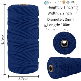 LEREATI Macrame Cord 3mm x 100m, Thick Macrame Rope Natural Cotton Rope Craft String, 4 Strand Twisted Cotton Cord Yarn for DIY Plant Hanger, Wall Hanging, Christmas Decoration (Dark Blue)