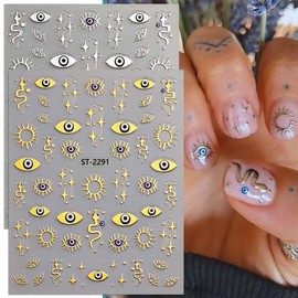 6 Sheets Evil Eye Nail Stickers for Nail Art,Gold Silver Metallic Evil Eye Nail Decals Goth Stickers with Mystical Eye,Snake Design,3D Self Adhesive Nail Art Supplies for Women,DIY Manicure Decor
