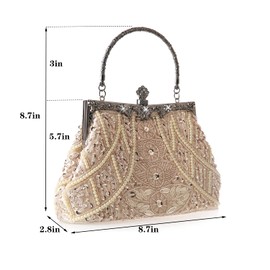 DA BODAN Women's Evening Bag Vintage Beaded Sequin Pearl Clutch Handbag Shoulder Bag Purses for Wedding Bridal Prom Party (Champagne)